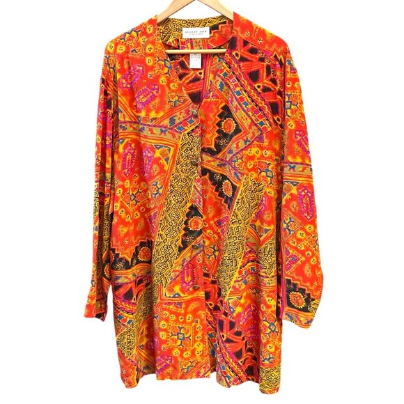 Vintage August Silk Diane Gilman Silk Bohemian Button Up Shirt Patchwork Sz 22 - Picture 1 of 4
